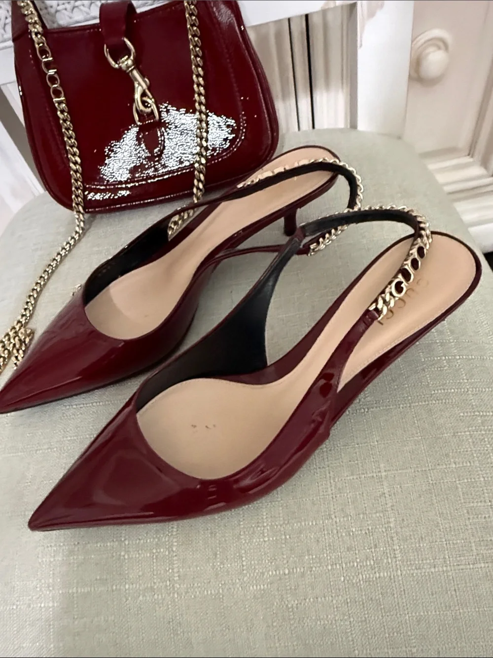 Gucci Women's Burgundy Patent Pointed-Toe Slingback Pumps and purse